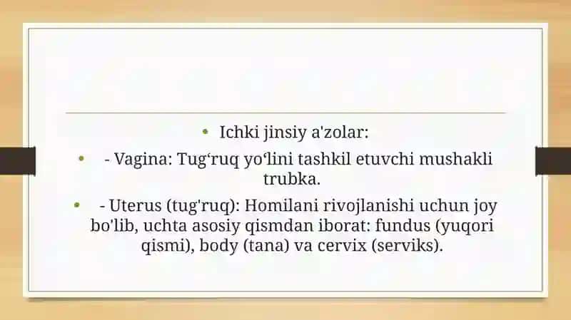 Akusherlik va ginekologik statsionarining tuzilishi va ishini tashkiletish. Ayollar jinsiy azolarining klinik anatomiyasi. Tugruq yollari. 2
