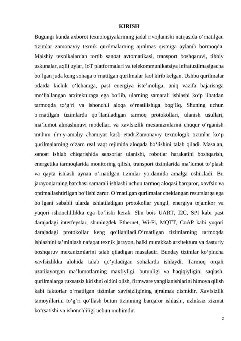 O’RNATILGAN TIZIMLAR TARMOQLAR VA PROTOKOLLAR 2