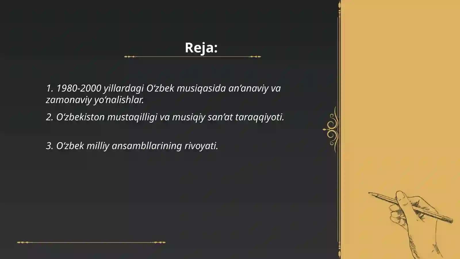 1980-2000-yillarda O‘zbekistonda musiqa san’ati va madaniyati. 12.1 cholg'u 21 guruhi talanasi Barotboyev Ahmadjon 2