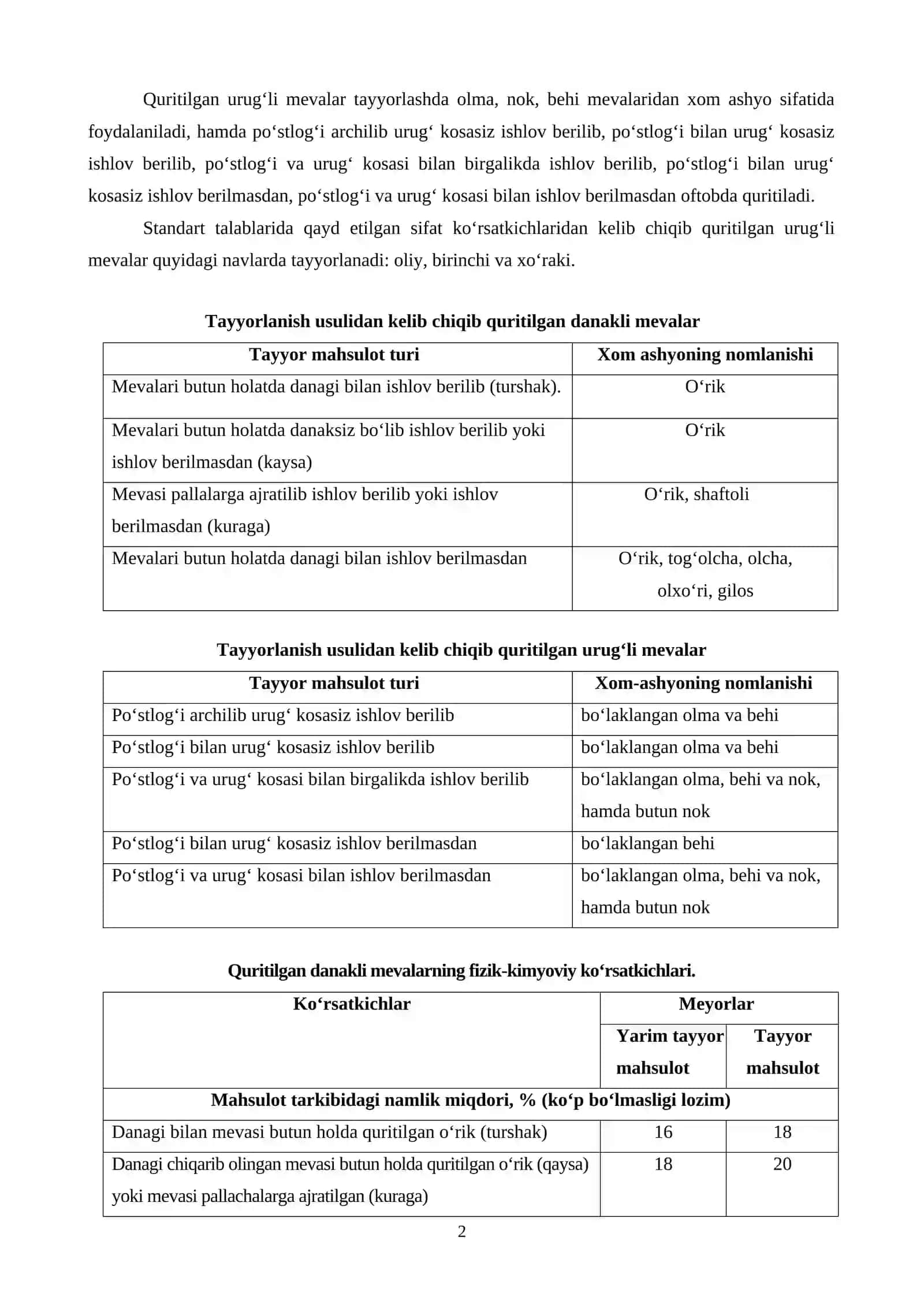 Quritilgan Meva-Sabzavotlarga Qo‘yiladigan Standart Meyor va Talablar 2
