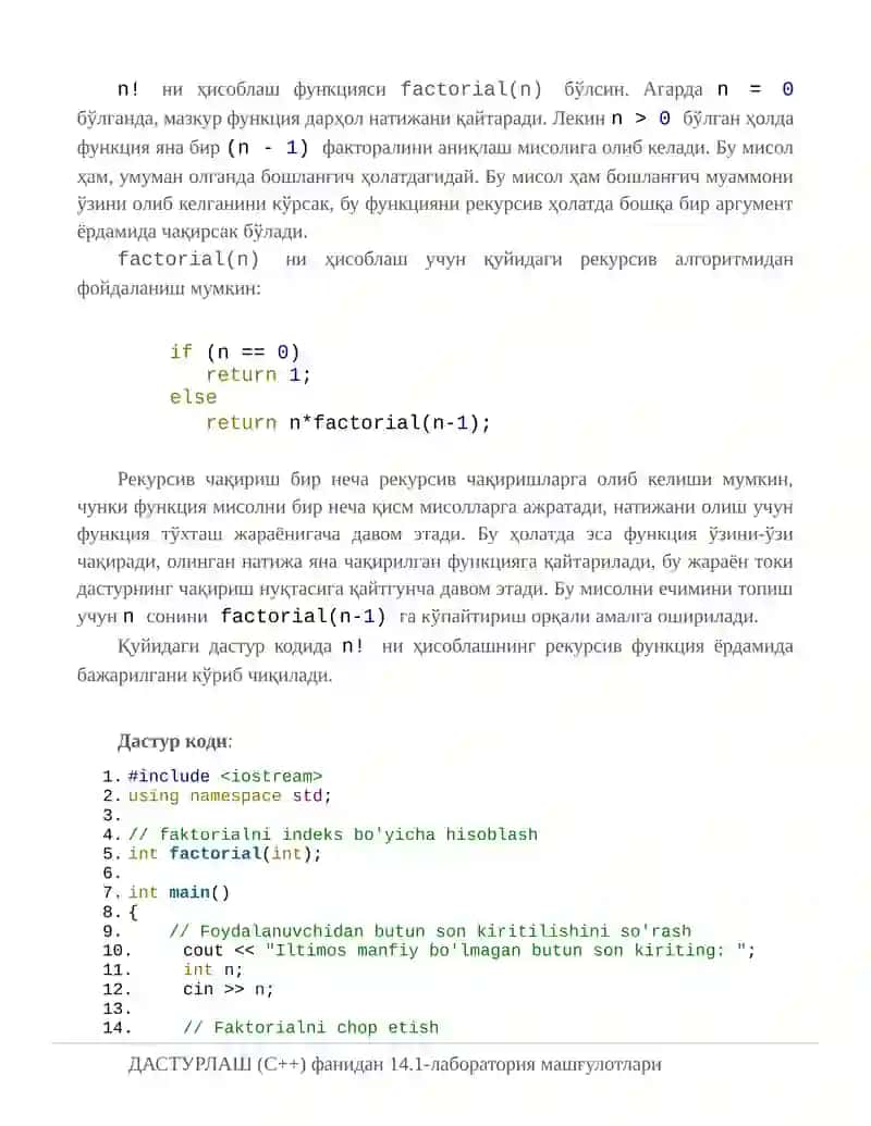 рекурсив функциялардан фойдаланиб оддий дастурлар тузиш. 2