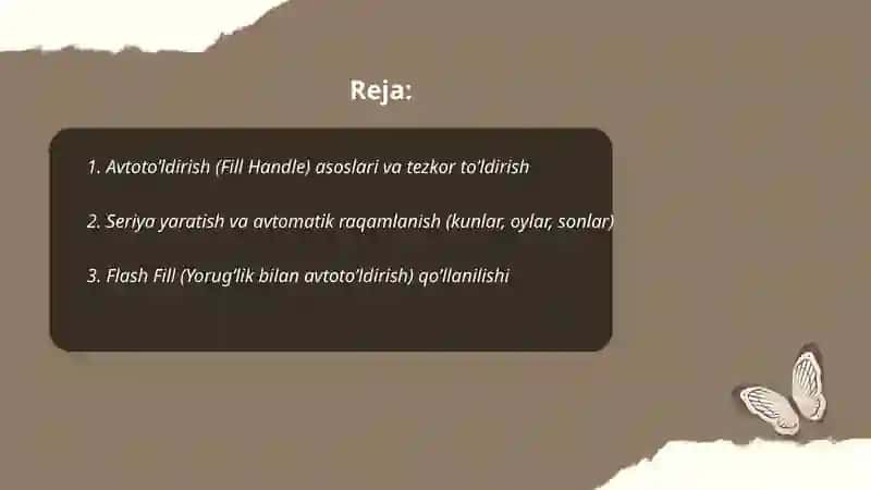 Excel dasturida avtoto’ldirishlar va avtohisoblashlar. Diagrammalar yaratish 2