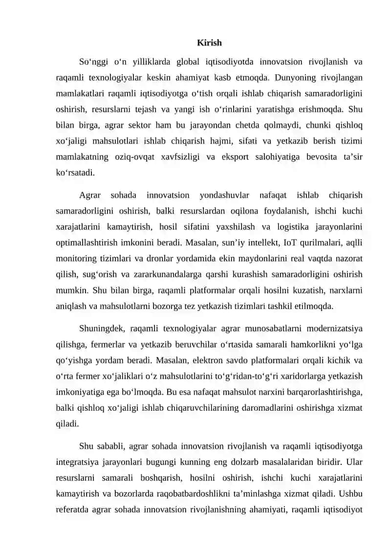 INNOVATION RIVAJLANISH VA RAQAMLI IQTISODIYOTGA O‘TISHDA AGRAR MUNOSABATLARNI TAKOMILLASHTIRISH ISTIQBOLLARI 2