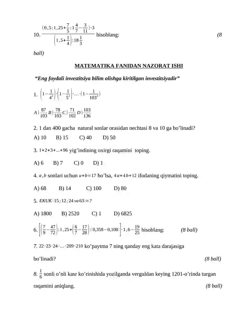 MATEMATIKA FANIDAN NAZORAT ISHI 2