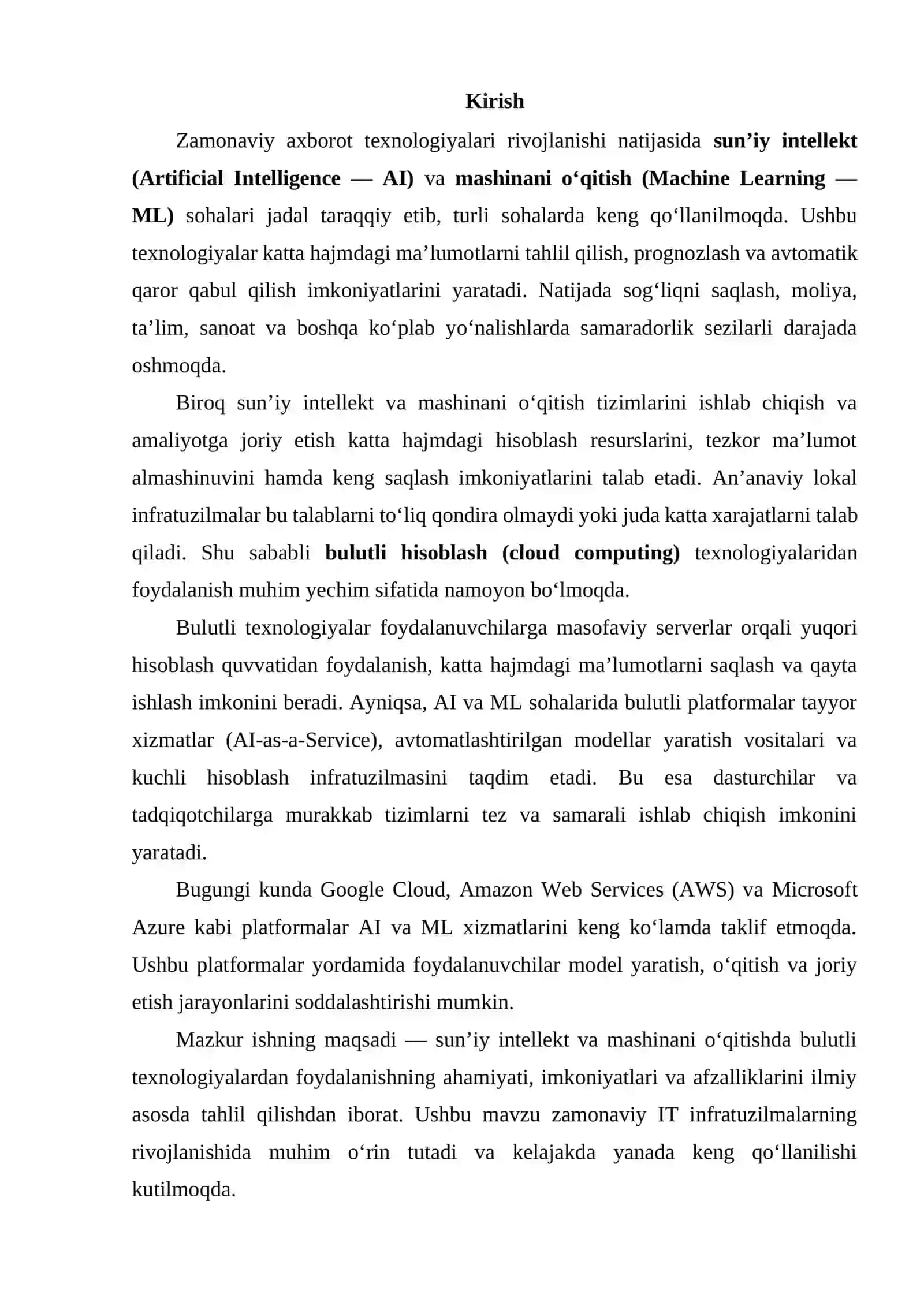 SUN'IY INTELLEKT VA MASHINANI O'QITISHDA BULUTDAN FOYDALANISH 2