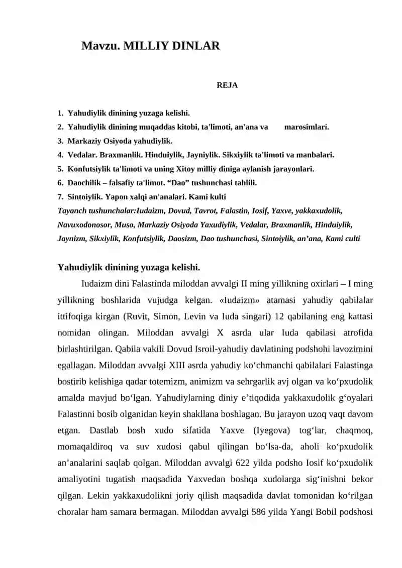 Mavzu. MILLIY DINLAR 2