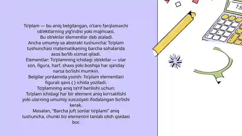 To'plamlar. To'plamlar tushunchasi. To'plamning elementlari. Bo‘sh to‘plam. Chekli va cheksiz to‘plamlarga misollar 2
