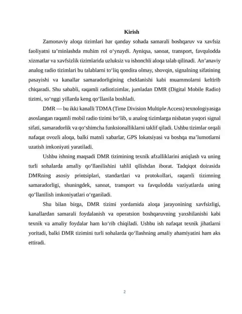 DMR (Digital Mobile Radio) tizimining texnik afzalliklari va amaliy qo‘llanilishi. 2
