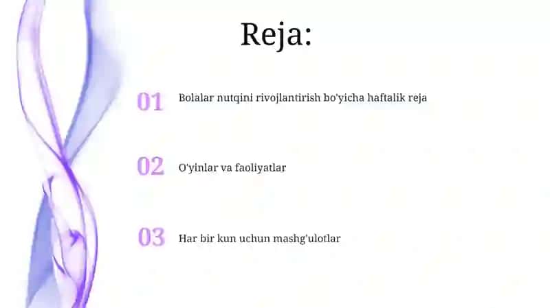 Bolalar nutqini rivojlantirish uchun haftalik rejalar 2