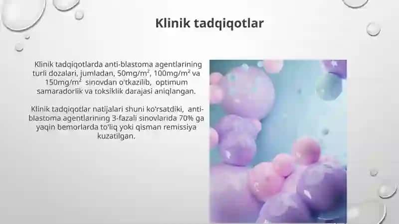 Blastomalar haqida tushuncha.Blastomalarga qarshi vositalarning tasnifi va tasir turlari, terapevtik dozalari, qo‘llanilishi,ulardan zaharlanish belgilari, zaharlanishda yordam choralari 2