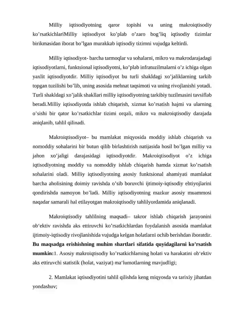 Milliy iqtisodiyotning qaror topishi va uning makroiqtisodiy ko’rsatkichlari 2