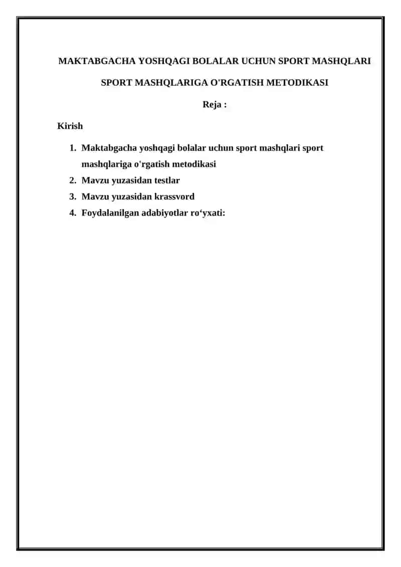 MAKTABGACHA YOSHQAGI BOLALAR UCHUN SPORT MASHQLARI SPORT MASHQLARIGA O'RGATISH METODIKASI 2