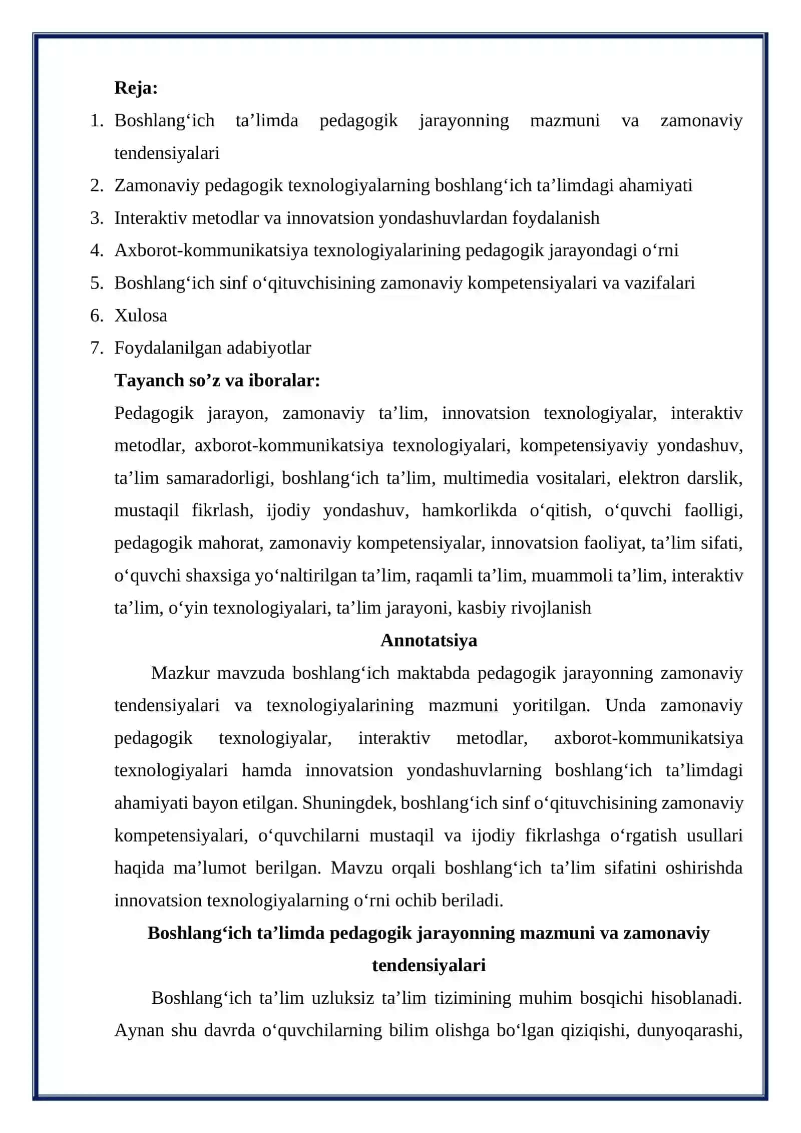 Boshlang'ich maktabda pedagogik jarayonning zamonaviy tendensiyalar va texnologiyalari mavzusida referat 2
