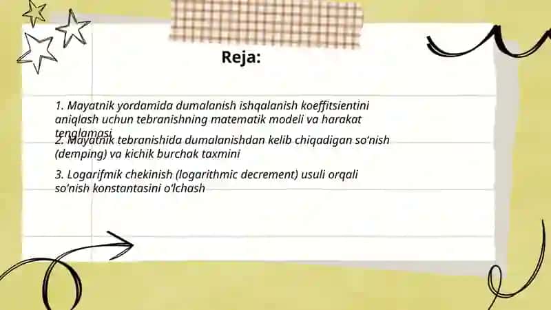 Tebranishning soʻnishidan dumalanish ishqalanish koeffitsientini mayatnik yordamida aniqlash 2