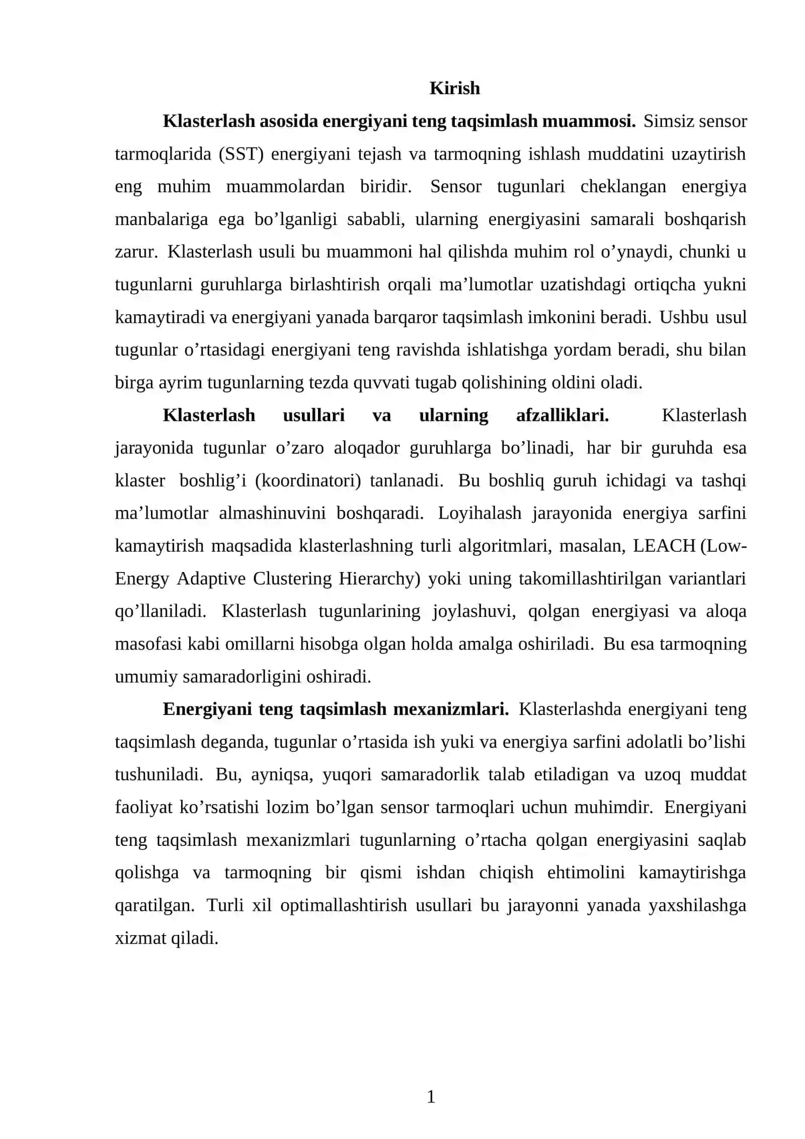 Klasterlash asosida sensor tugunlar o‘rtasida energiyani teng taqsimlash jarayonini o‘rganish va modellashtirish 2