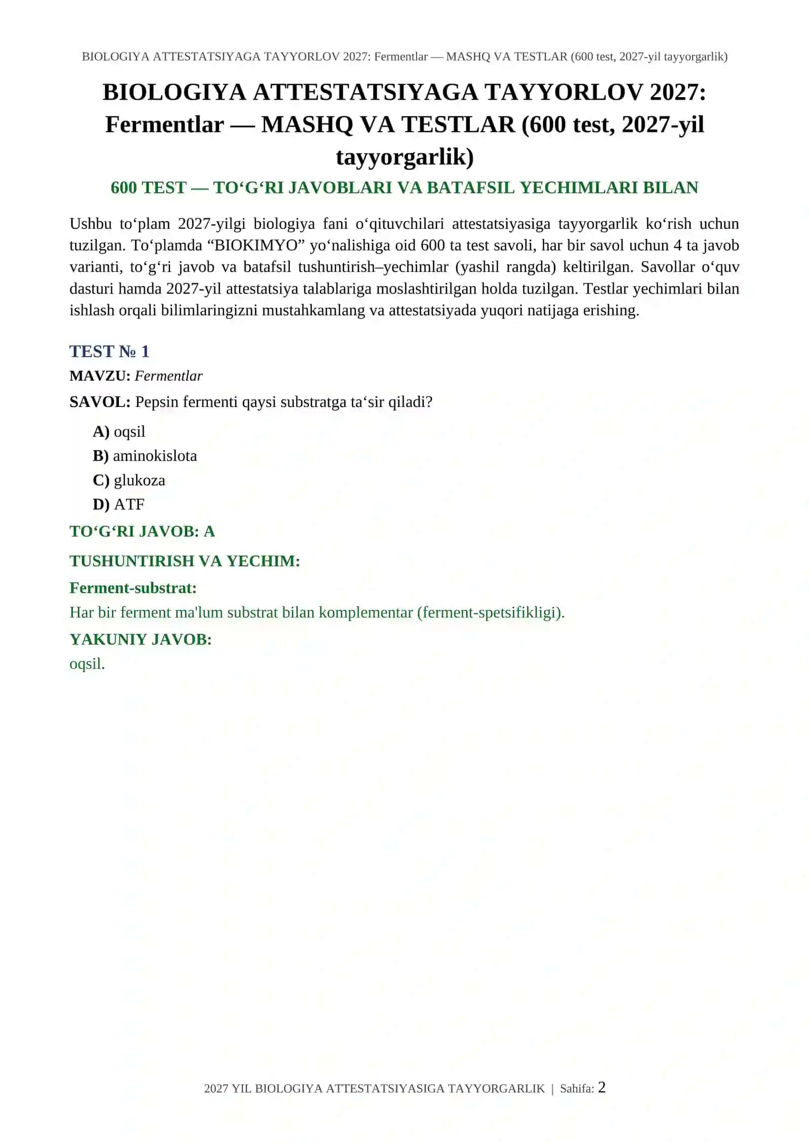 BIOLOGIYA ATTESTATSIYAGA TAYYORLOV 2027: Fermentlar — MASHQ VA TESTLAR 2