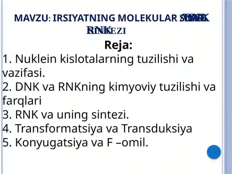 IRSIYATNING MOLEKULARASOSLARI.DNKvaRNKsintezi 2
