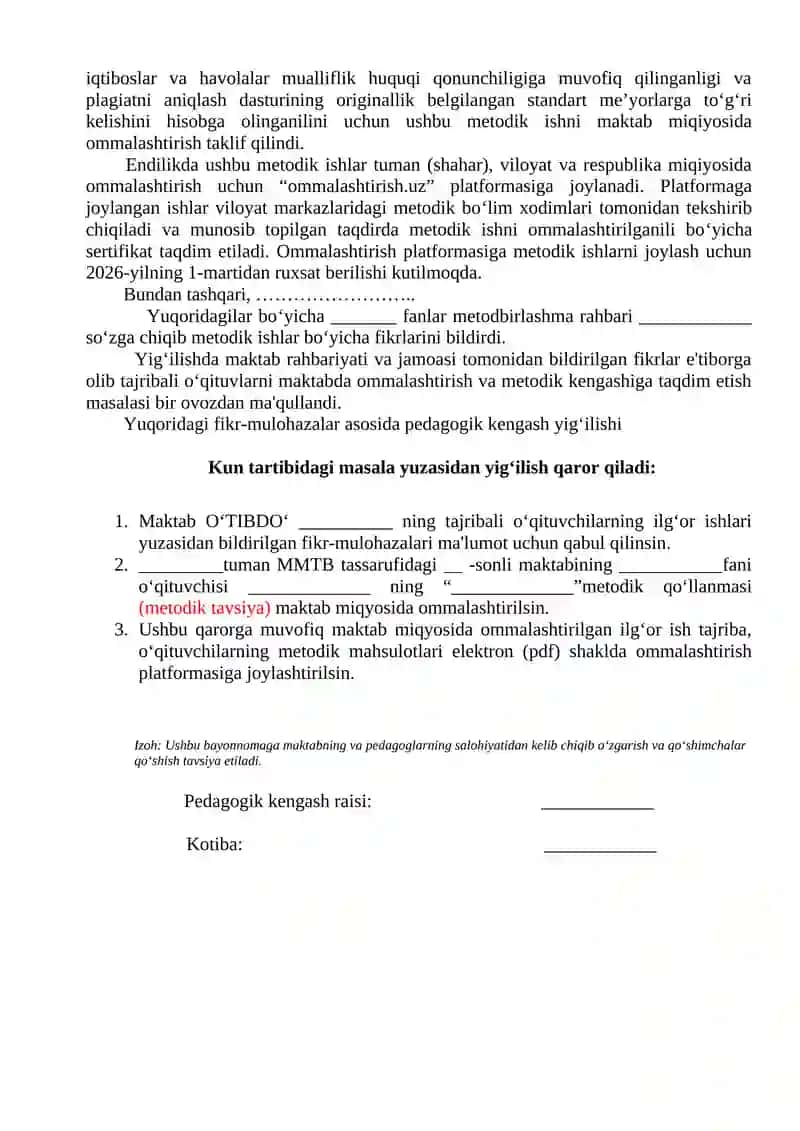 Yig‘ilish BAYONNOMASI , Maktab miqyosida ishlarni ommalashtirish uchun ped kengash qaroridan ko’chirma, na’muna sifatida joylanmoqda. 2