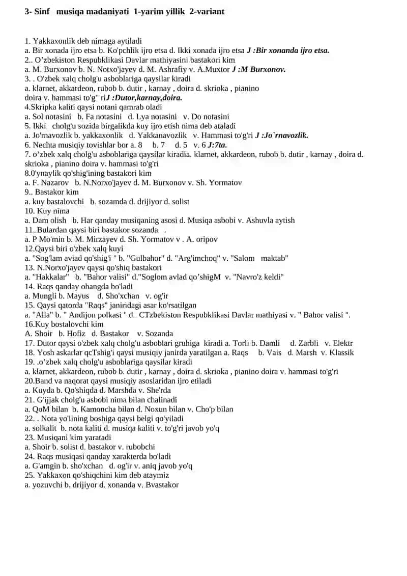 3- Sinf musiqa madaniyati 1-yarim yillik 1-variant 2