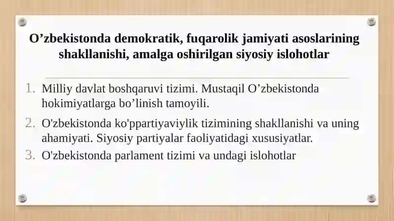 O’zbekistonda demokratik, fuqarolik jamiyati asoslarining shakllanishi, amalga oshirilga 2