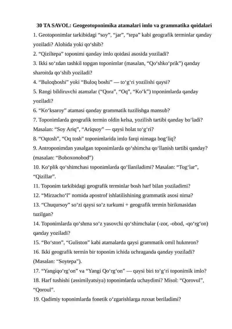 Geotoponimlar tarkibidagi geografik terminlar va ularning yozish qoidalari haqida savollar. 2