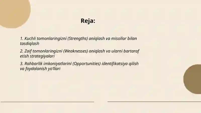 O‘zingizning rahbarlik qobiliyatingizni baholab, SWOT tahlil qilish 2