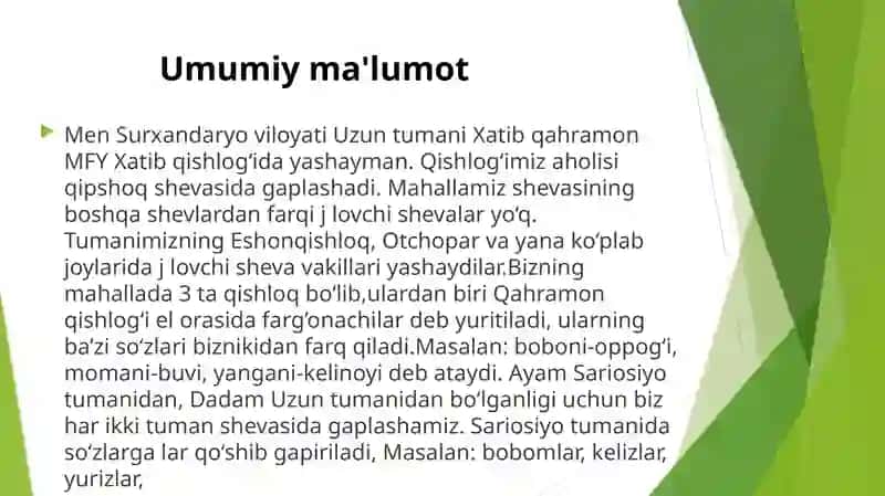 Surxondaryo viloyati Uzun tumani Xatib qahramon mahallasi shevasi tasnifi 2