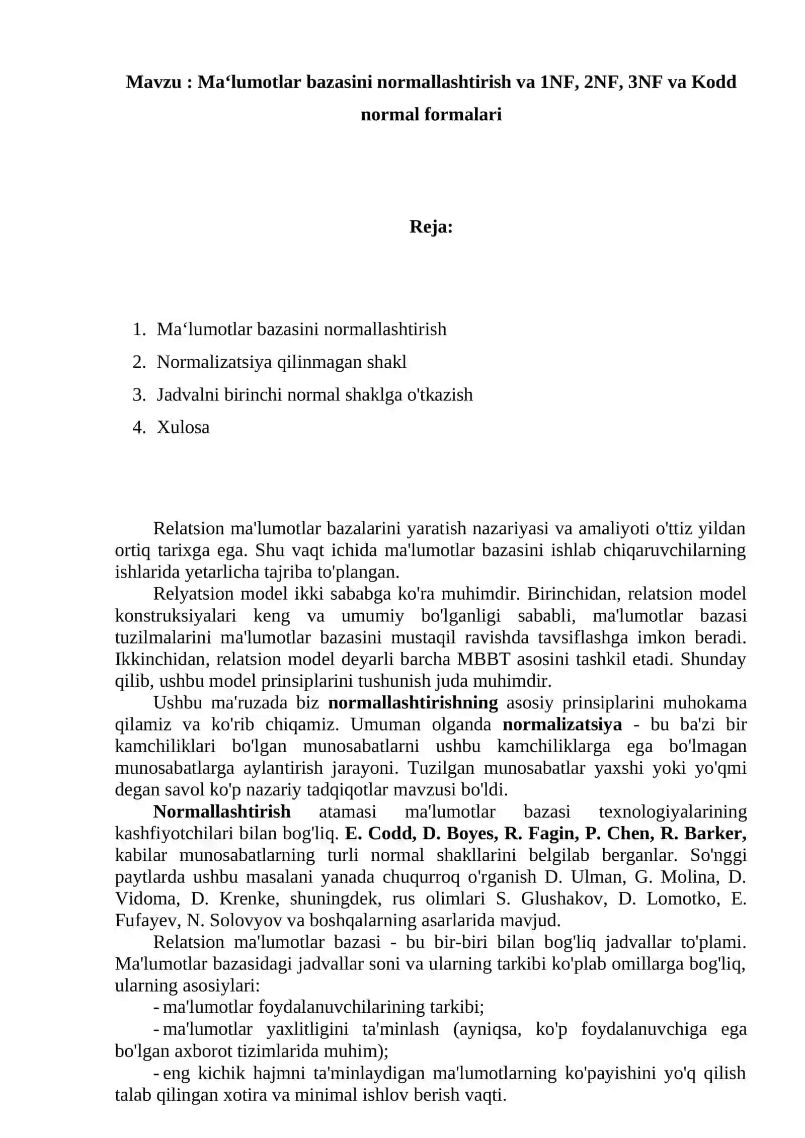 Ma‘lumotlar bazasini normallashtirish va 1NF, 2NF, 3NF va Kodd normal formalari 2