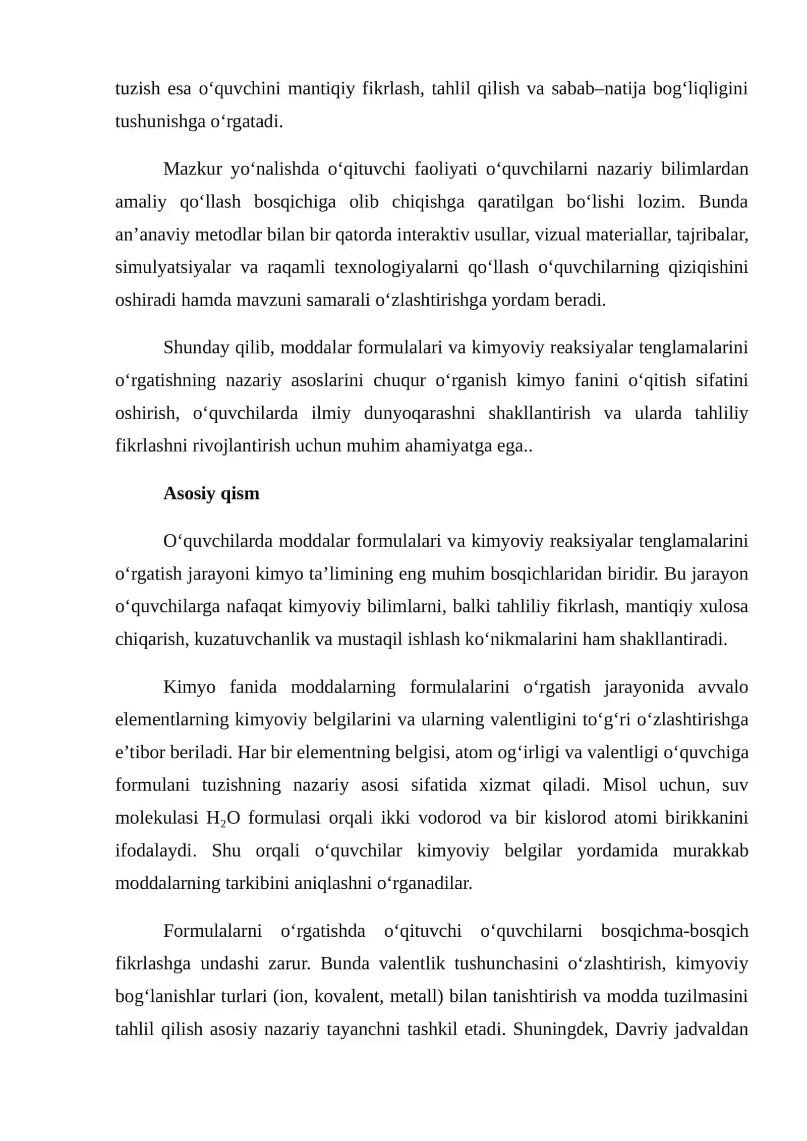 O‘quvchilarda moddalar formulalari va kimyoviy reaksiyalar tenglamalarini o‘rgatishning nazariy asoslari 2