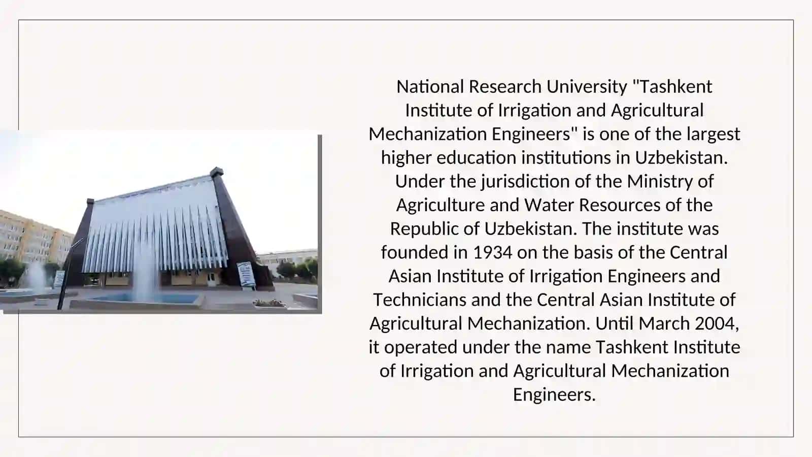 National Research University "Tashkent Institute of Irrigation and Agricultural Mechanization Engineers" 2