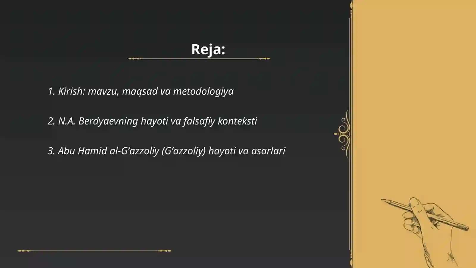 Din va hurfikrlilik mavzusida prezentatsiya tayyorlash (Berdyaevning diniy hurfikrlilik haqidagi gʻoyalarini Gʻazzoliy fikri bn taqqoslash) 2