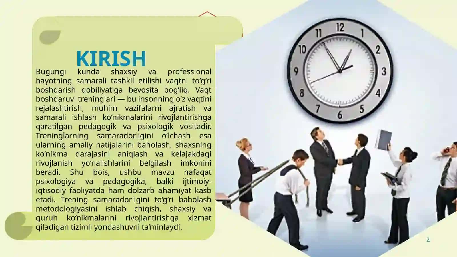 VAQT BOSHQARUVI TRENINGLARI SAMARADORLIGINI O‘LCHASH METODOLOGIYASI 2