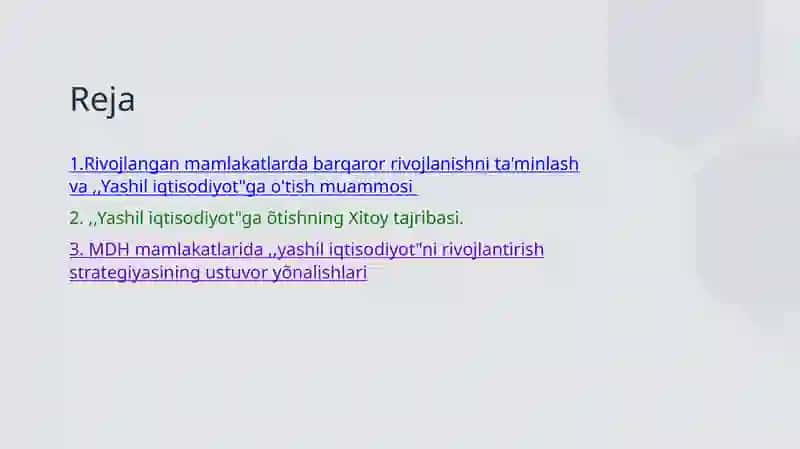 Rivojlanayotgan mamlakatlarda ,,Yashil iqtisodiyotga" õtish tajribasi 2