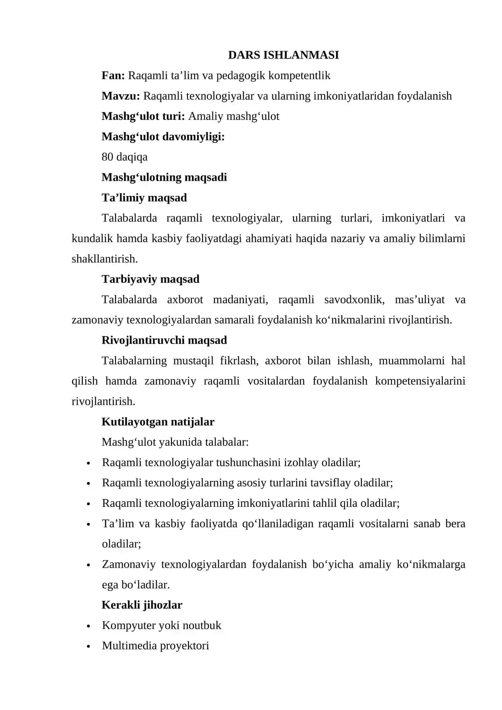 Raqamli texnologiyalar va ularning imkoniyatlaridan foydalanish mavzusida dars ishlanmasi 2