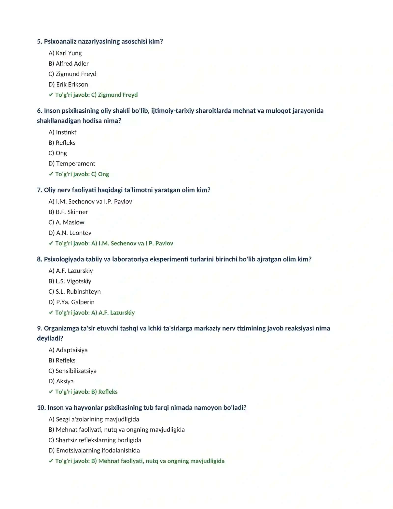 PSIXOLOGIYA FANIDAN TEST TOPSHIRIQLARI 100 ta savol javoblari bilan 2