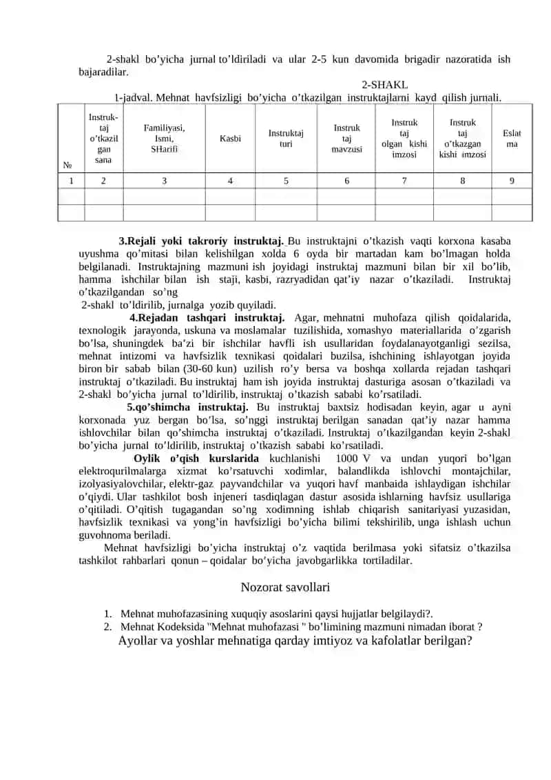 Mehnat havfsizligi to’g’risida instruktaj va ta’lim berish 2
