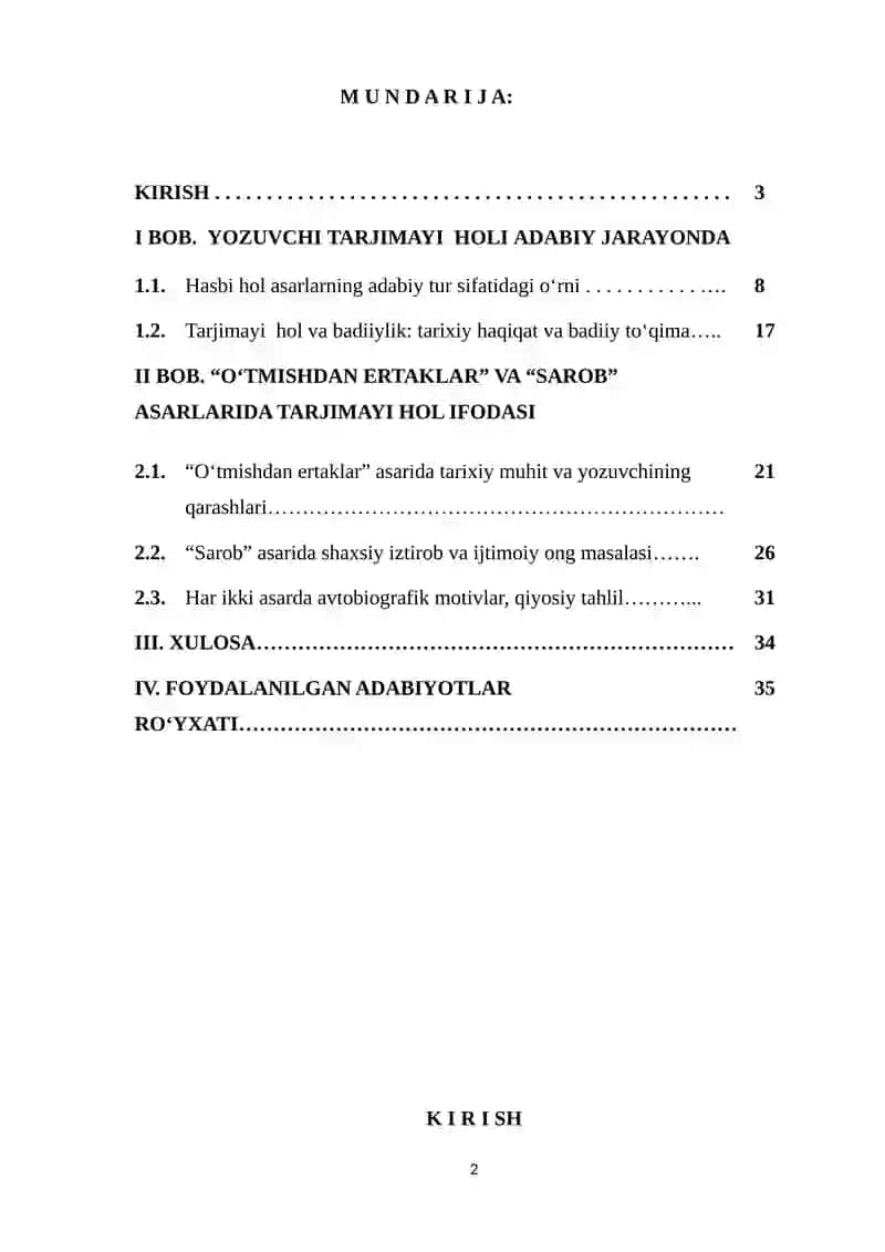 KURS ISHI "YOZUVCHI TARJIMA HOLINING BERILISHIGA XOS XUSUSIYATLARI ("O‘tmishdan ertaklar", "Sarob")" 2