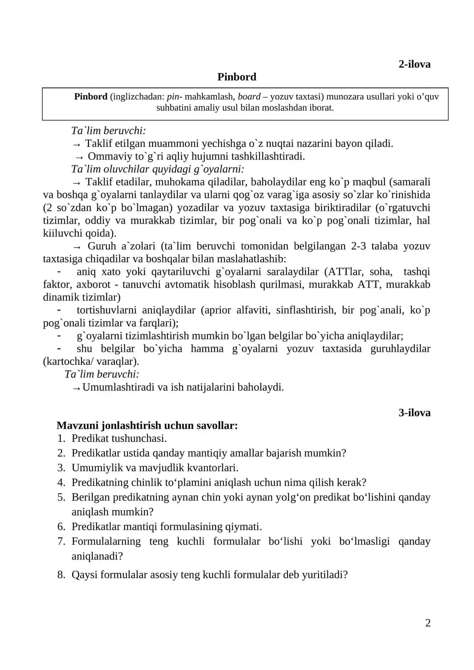 MA’RUZA: PREDIKAT TUSHUNCHASI. PREDIKATLAR USTIDA MANTIQIY AMALLAR. UMUMIYLIK VA MAVJUDLIK KVANTORLARI 2