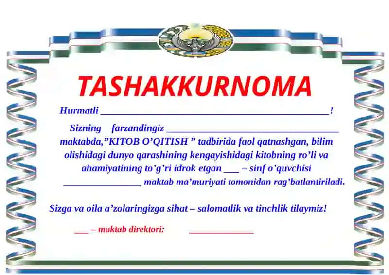 Tashakkurnoma shablon Word KITOB O’QITISH 2