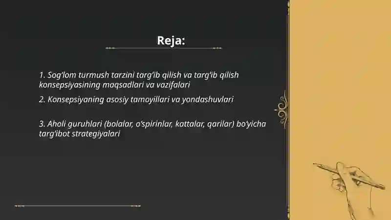 Sogʻlom turmush tarzini targʻib qilish va targʻib qilish konsepsiyasi 2
