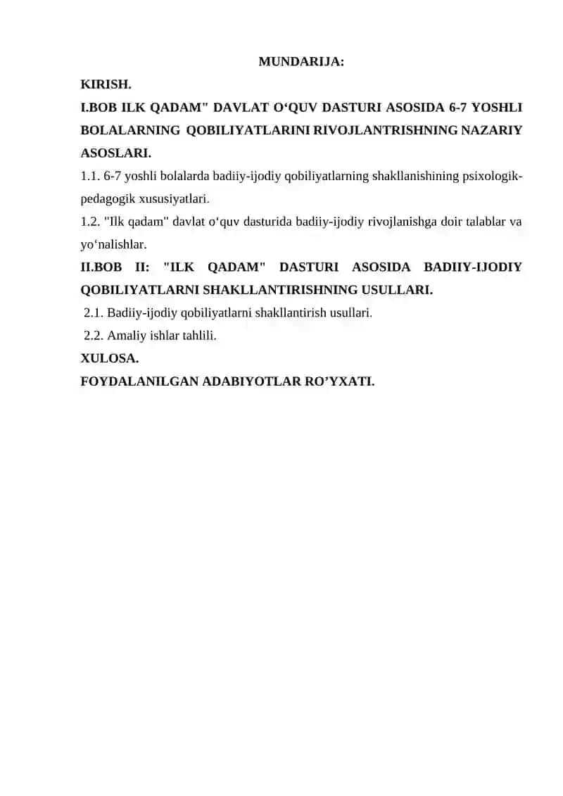 Ilk qadam davlat o‘quv dasturi asosida 6-7 yoshli bolalarning badiiy-ijodiy qobiliyatlarini shakllantirish 2