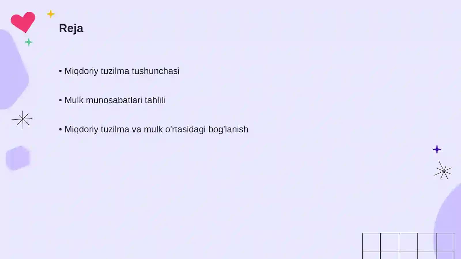 Miqdoriy tuzilma-mulk munosabatlari 2