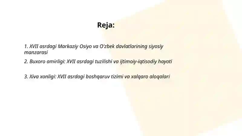 O'zbekistonning davlatchilik tarixi: XVII asr davlatchiligidan yangi O'zbekiston 2