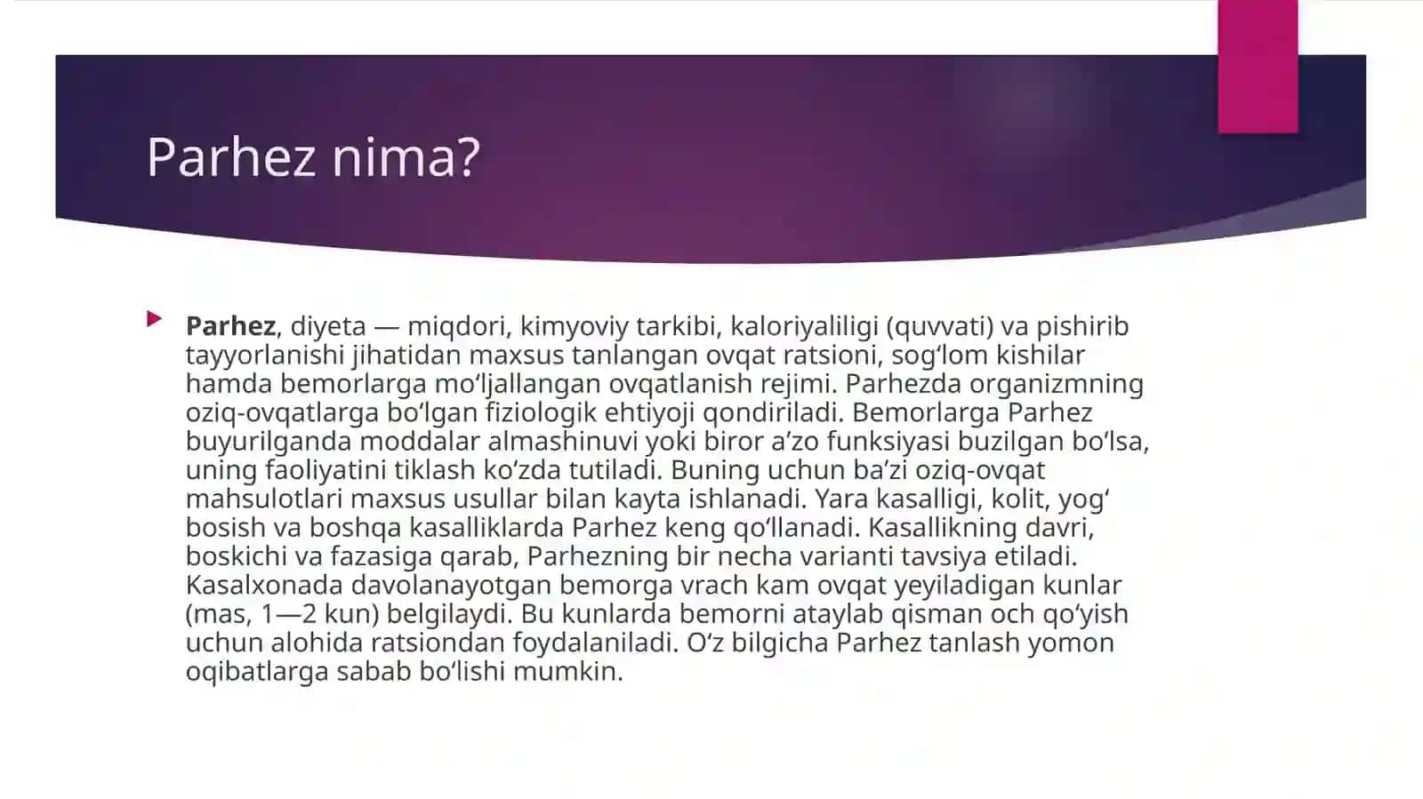 DPMlarda parhez ovqatlanishni tashkil etish va holatiga gigiyenik baho berish 2