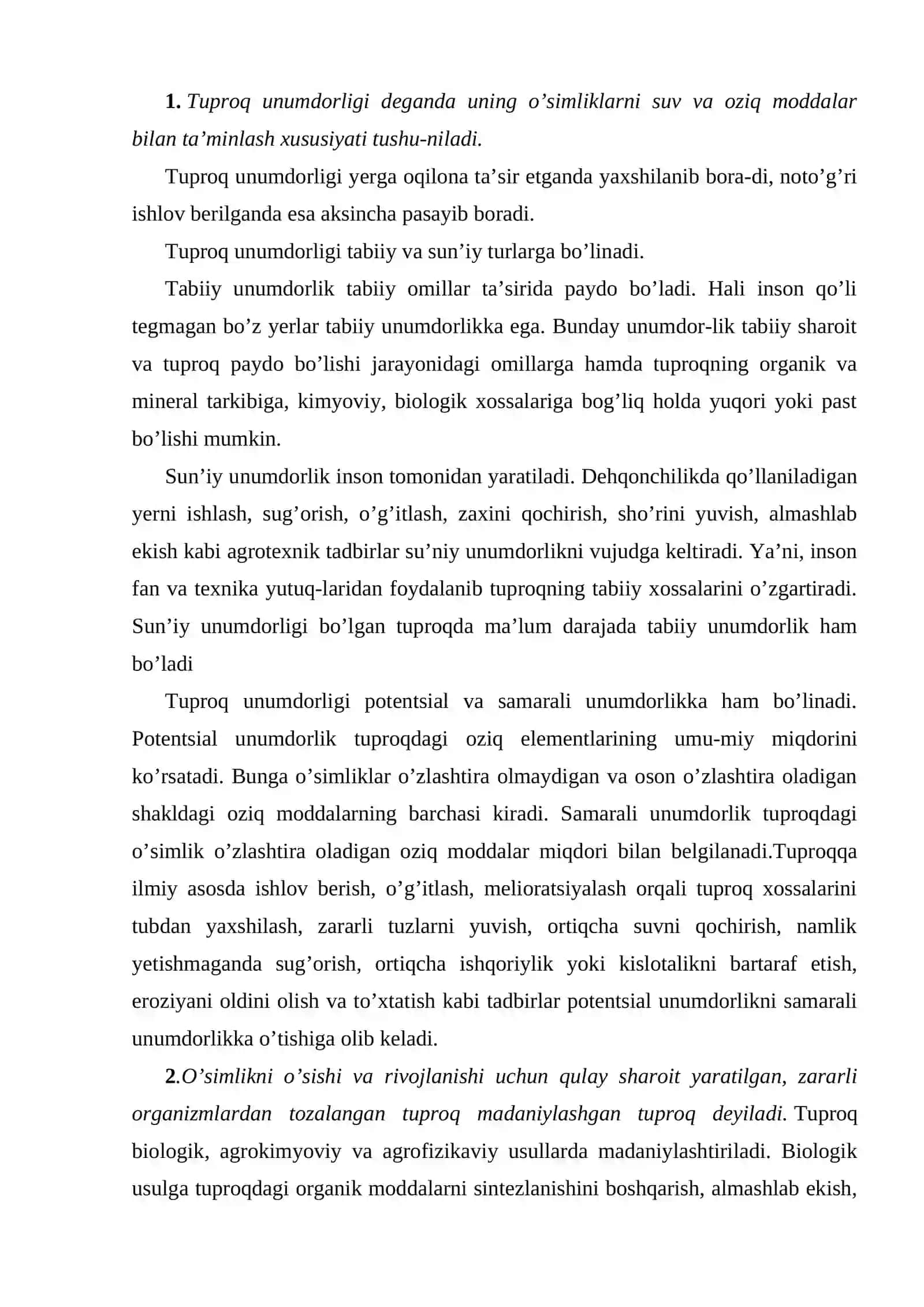 Tuproq unumdorligi, madaniyligi va struкturasi 2