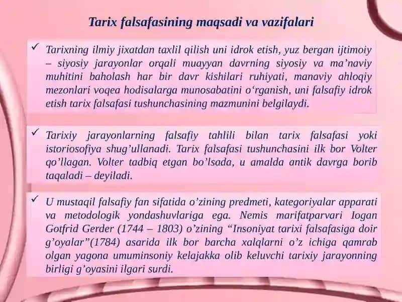 Tarixfalsafa sifanining predmeti, maqsadi va vazifalari 2