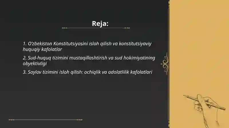 Oʻzbekistonda huquqiy siyosiy islohorlarning amalga oshirilishi, demokratik jamiyatni shakllantirish yoʻlidagi islohotlar 2