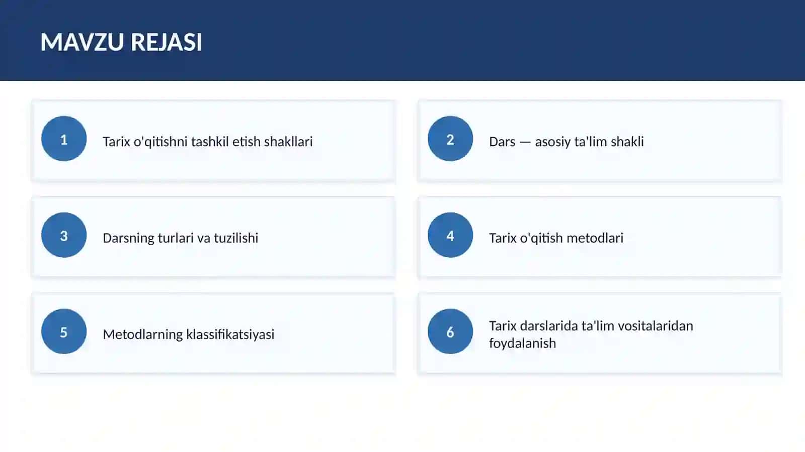 TARIX O'QITISHNI TASHKIL ETISH SHAKLLARI, METODLARI VA TA'LIM VOSITALARI 2