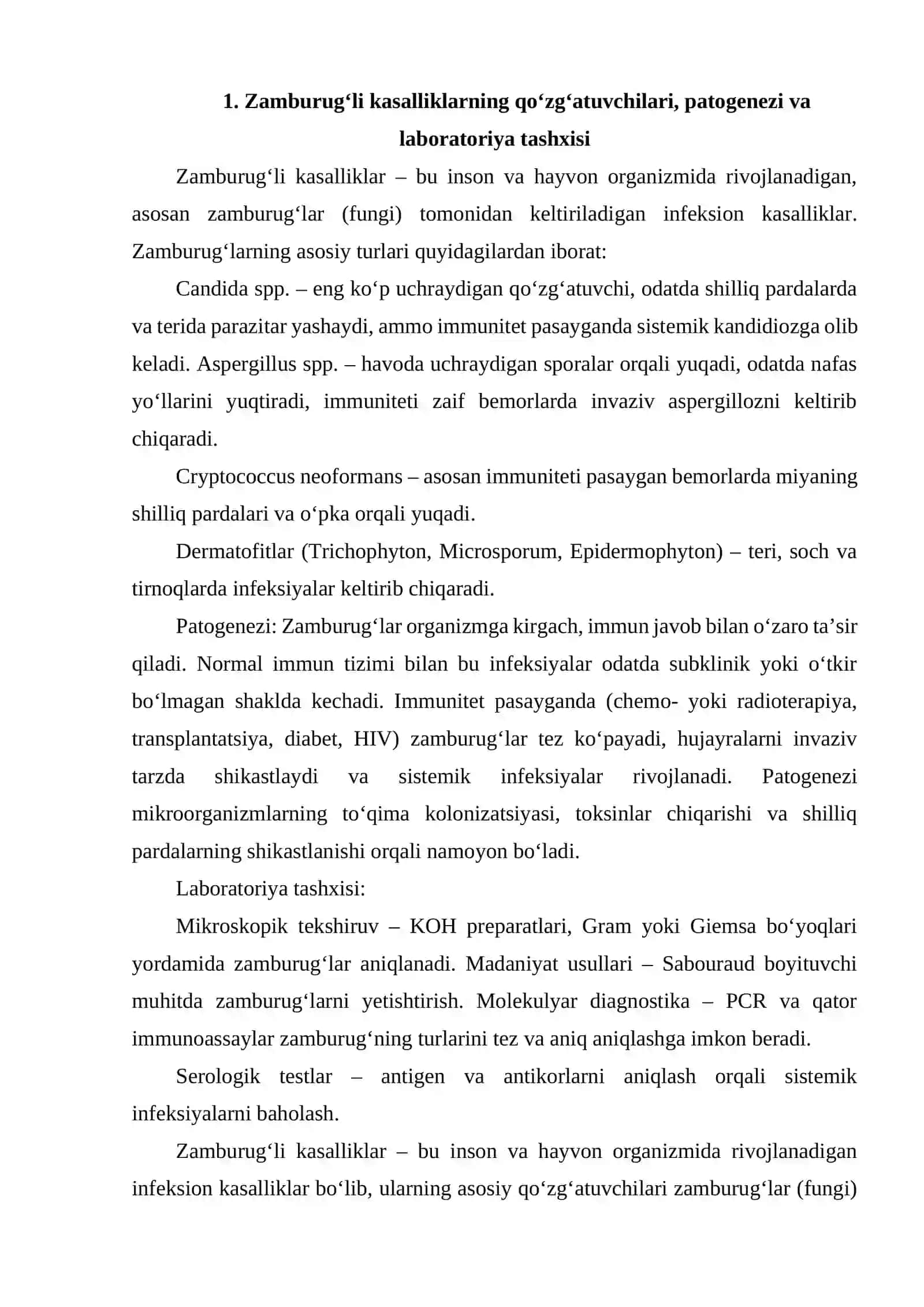 Zamburug‘li kasalliklarning qo‘zg‘atuvchilari, patogenezi va laboratoriya tashxisi 2