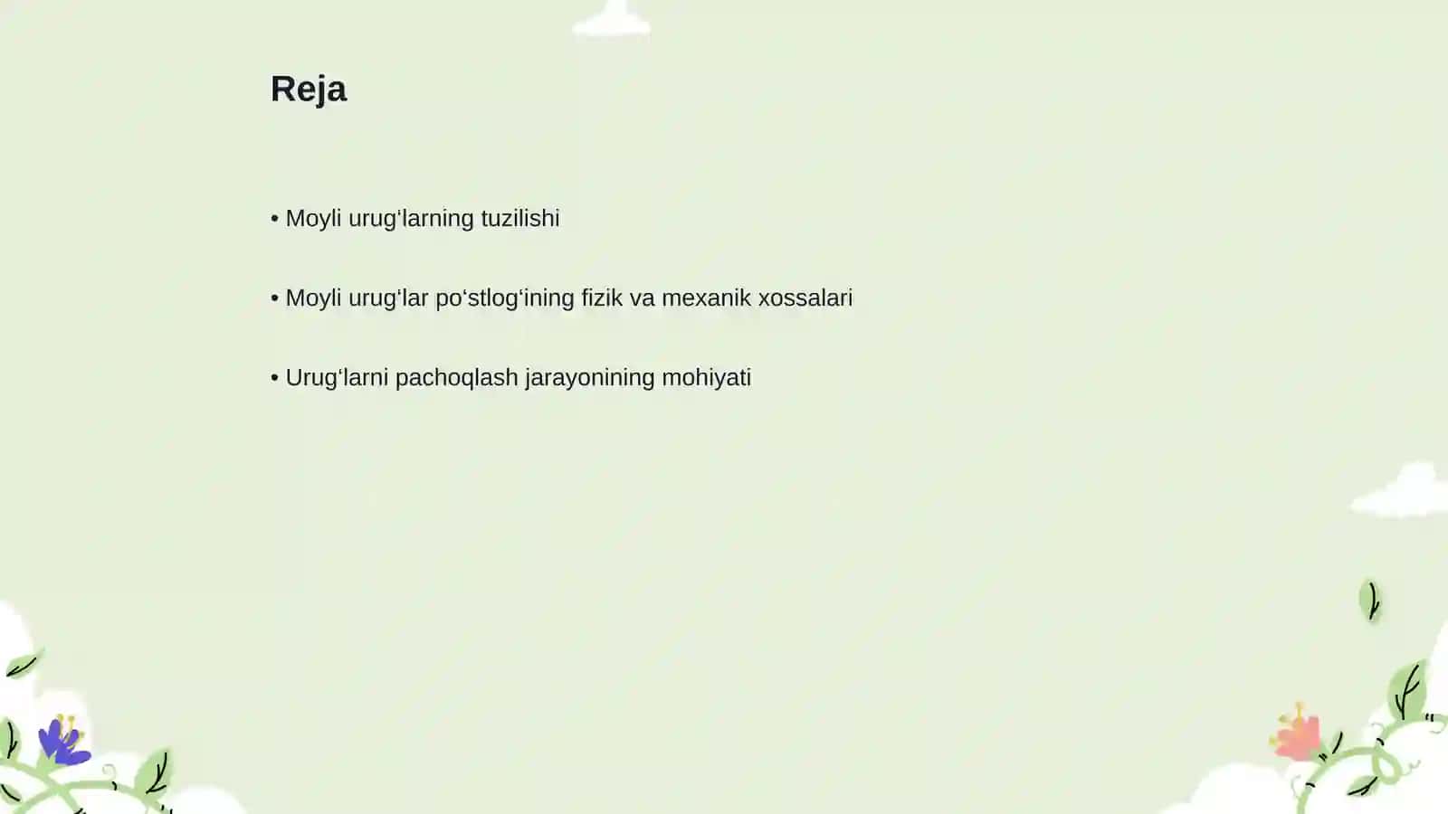 Moyli uruglar postloglarining xossalari va uruglarni pachoqlash yanchish usullarini tanlash 2